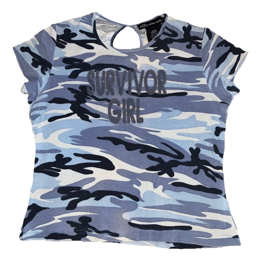 No Boundaries Top Juniors XL Blue Camo Survivor Girl Made‎ In USA Vintage Y2K